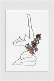 Elegant Woman's Body Pose Surrounded by Intricate Floral Line Art Print