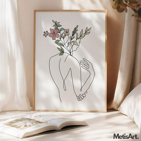 Close-up of Nature-Inspired Woman Back Line Art Features