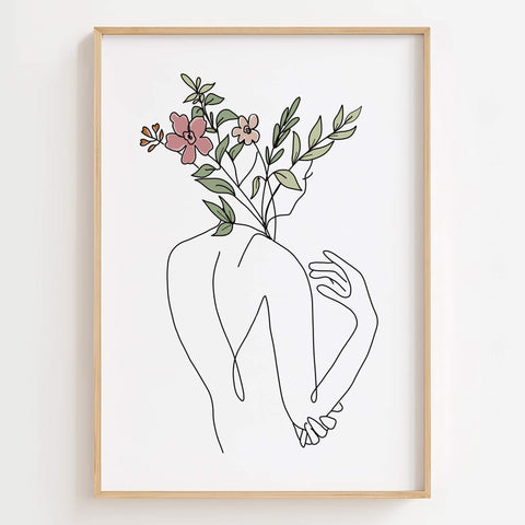 Nature-Inspired Woman Back Line Art Print on White Background