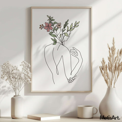 Nature-Inspired Woman Back Line Art Print on Wall