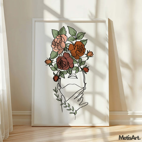 Nature-Inspired Woman Flower Head Line Art Print