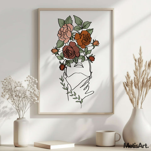 Nature-Inspired Woman Flower Head Art Print on Wall