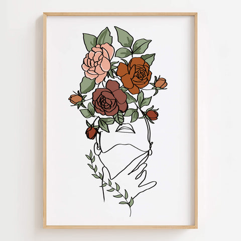 Nature-Inspired Woman Poster with Floral Head Line Art