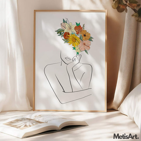 Close-up of Flower Head Woman Line Art Drawing