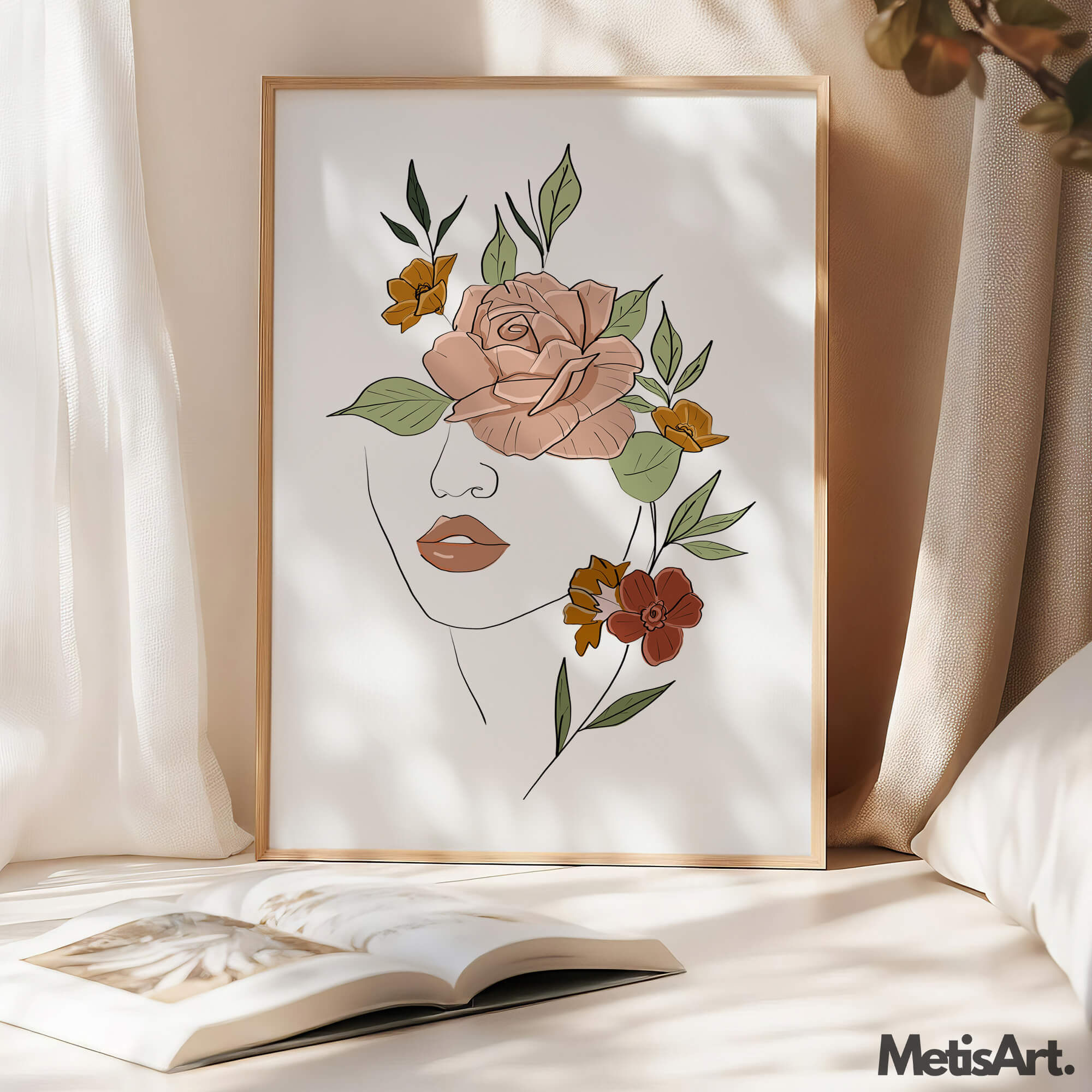 Close-up of Bohemian Floral Woman Art with Rose Details