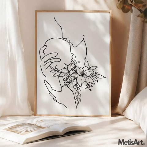 Monochrome Mother Love Baby Art Print hanging in a modern bedroom.