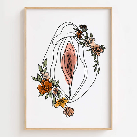 A bold and colorful floral feminist line art print celebrating female empowerment and body positivity.