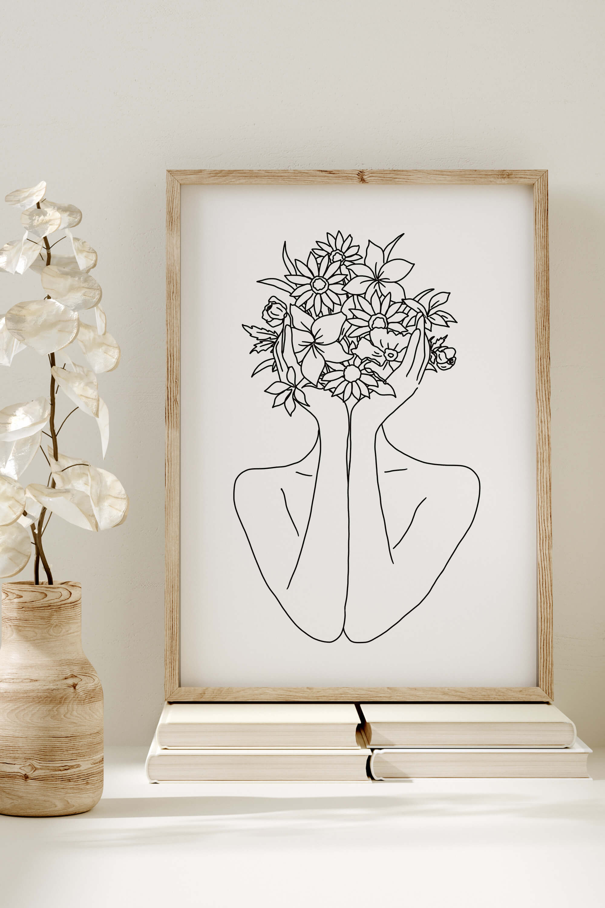 Monochrome poster showcasing the extraordinary beauty of a flower-headed woman in abstract form. The captivating blend of modern floral elements adds a touch of sophistication to any wall. 