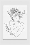 Captivating black and white line art featuring a floral woman's silhouette. Perfect for bedroom decor, this artwork combines the elegance of botanical elements with the simplicity of line art.