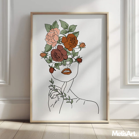 Full view of the framed botanical woman portrait art print with flowers.
