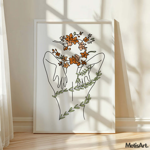 Modern abstract art print of female figure with floral accents