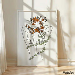 Modern abstract art print of female figure with floral accents