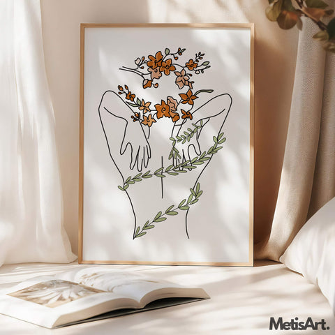 Elegant line drawing of a female body with abstract flowers