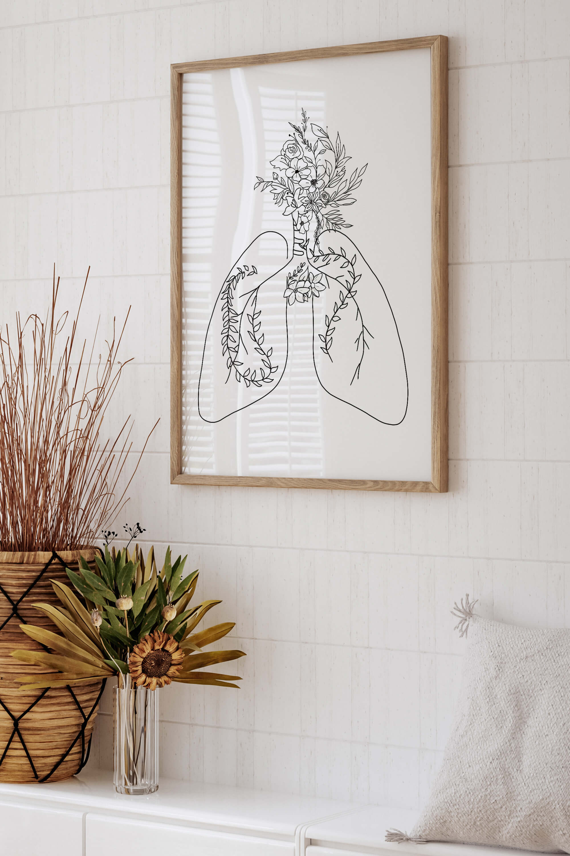 Abstract floral lungs art print bursting with black and white, offering a unique and expressive take on anatomy. Elevate your space with this lively and distinctive piece of art.