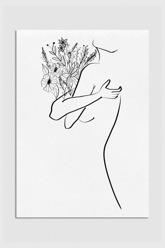 Abstract floral woman art print in black and white, showcasing a captivating line drawing that celebrates feminine strength and elegance. This minimalist print is perfect for bedroom wall decor, featuring a timeless design inspired by nature's beauty and empowering themes. 2000