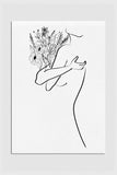 Abstract floral woman art print in black and white, showcasing a captivating line drawing that celebrates feminine strength and elegance. This minimalist print is perfect for bedroom wall decor, featuring a timeless design inspired by nature's beauty and empowering themes.