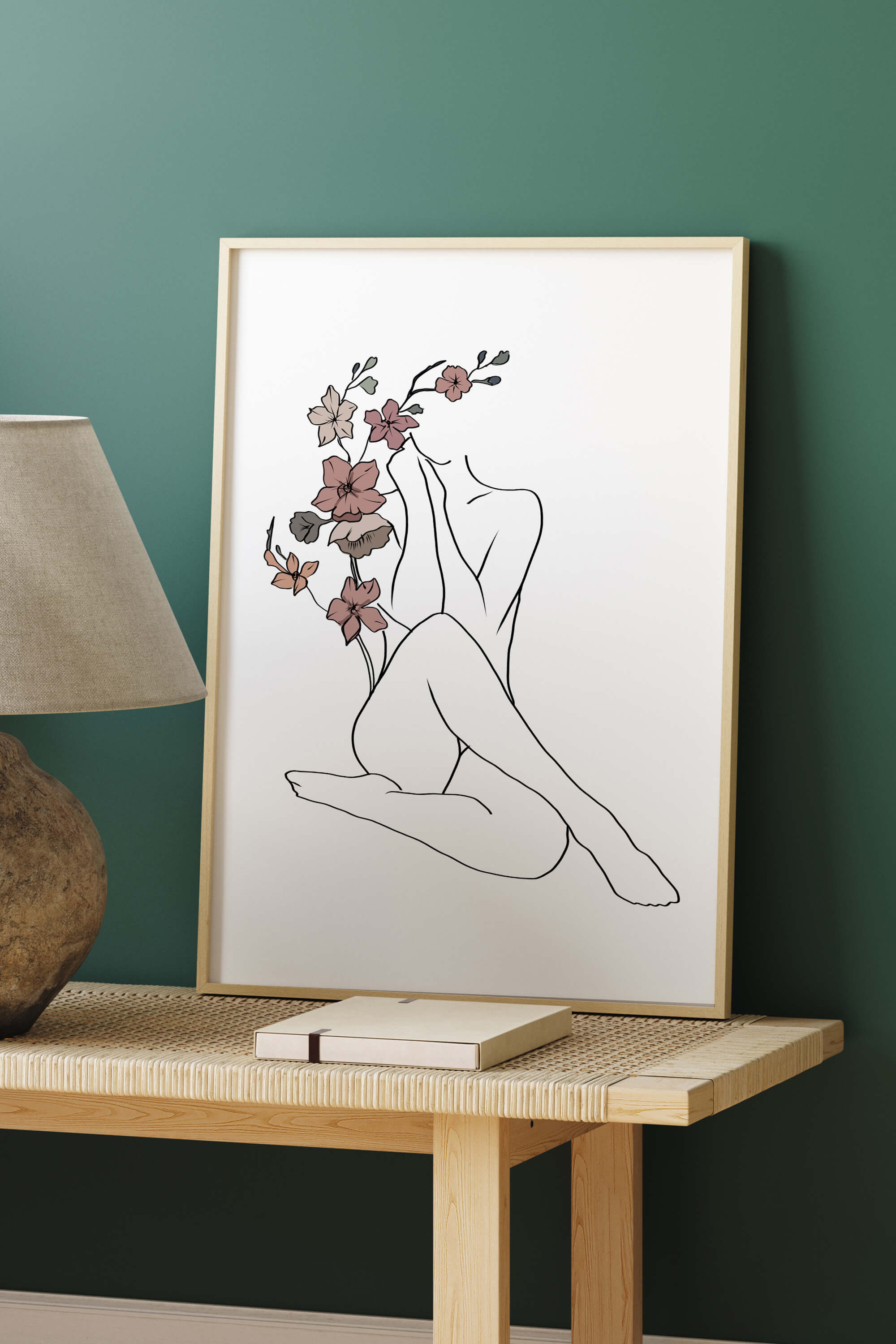 Abstract floral arrangements intertwining with a woman's form, resulting in a captivating and artistic art print.