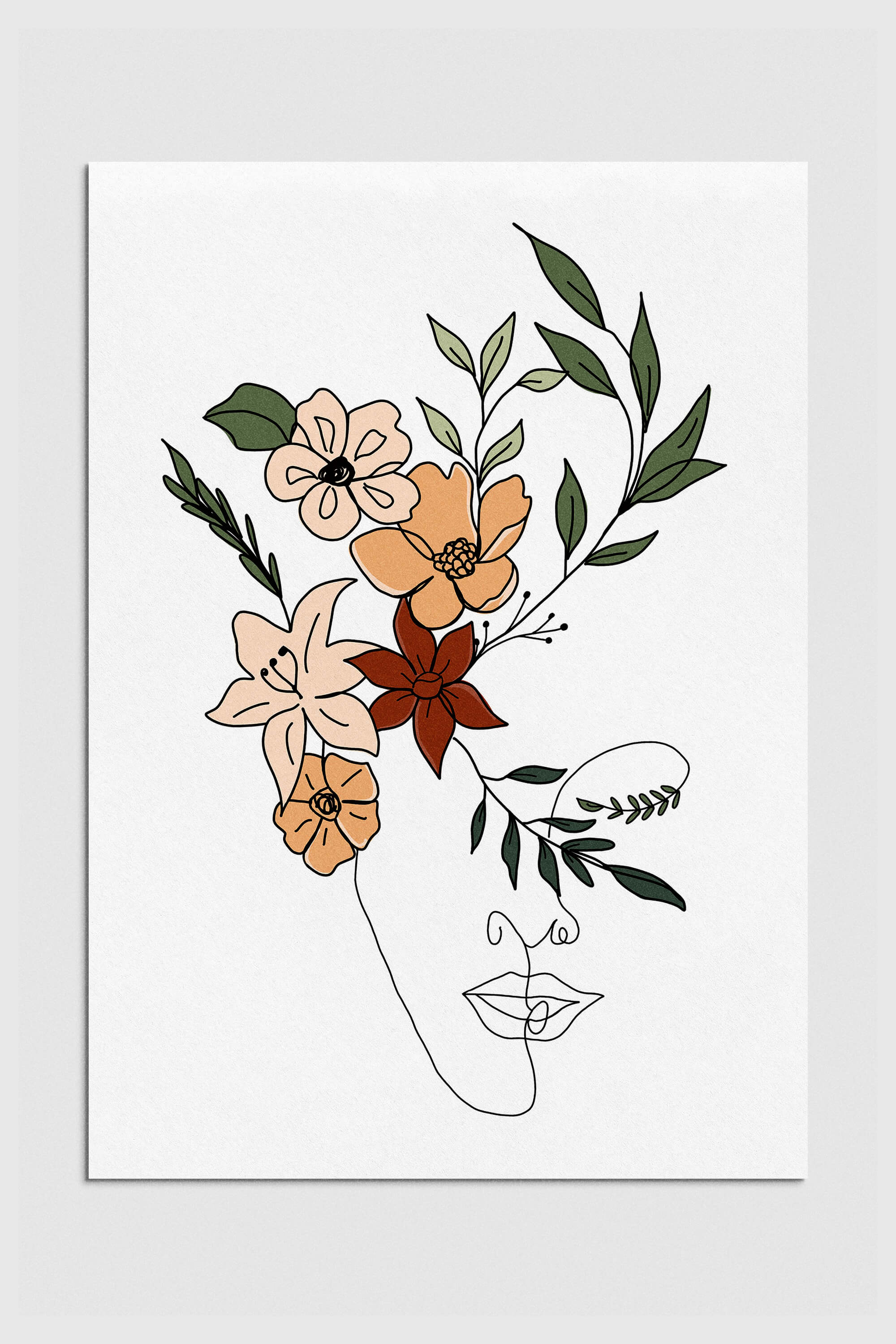 Abstract Flower Face Woman Art Poster in modern home decor setting, showcasing intricate floral and feminine design.