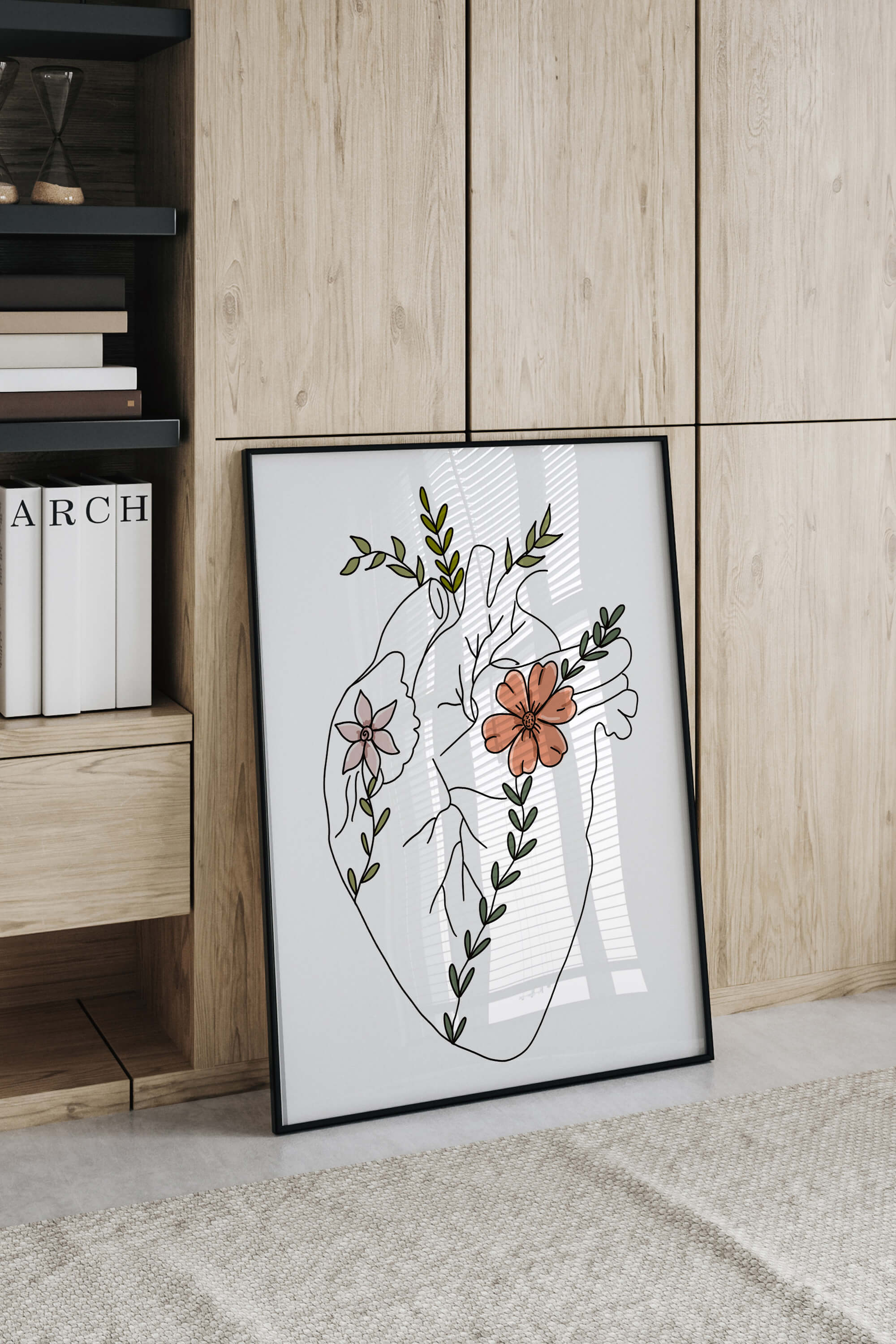 Abstract heart line art print, modern and chic, ideal for enhancing bedroom wall decor with a romantic twist.