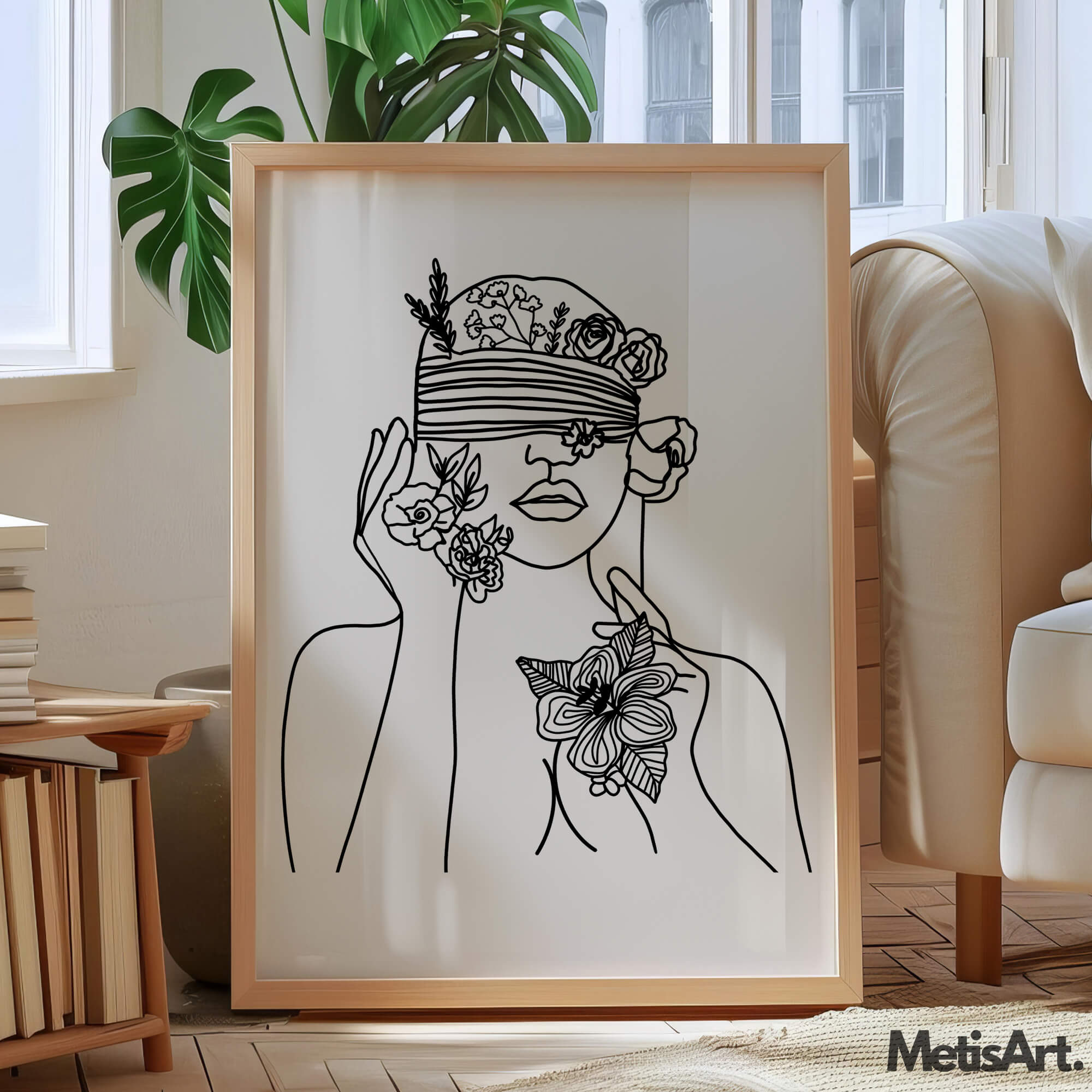 Contemporary line art: blindfolded woman with floral embellishments.