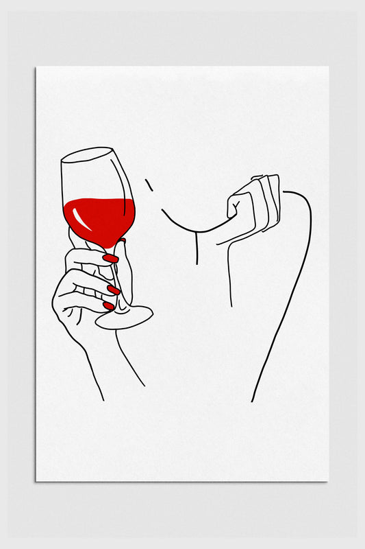 Abstract art print of a woman sipping wine, showcasing colorful line drawing aesthetics for bar decor. 2000
