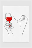 Abstract art print of a woman sipping wine, showcasing colorful line drawing aesthetics for bar decor.