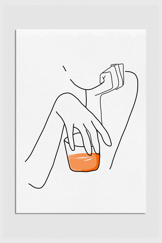 Abstract line art of a woman holding a glass of whiskey, blending modern aesthetics with a touch of sophistication. 2000