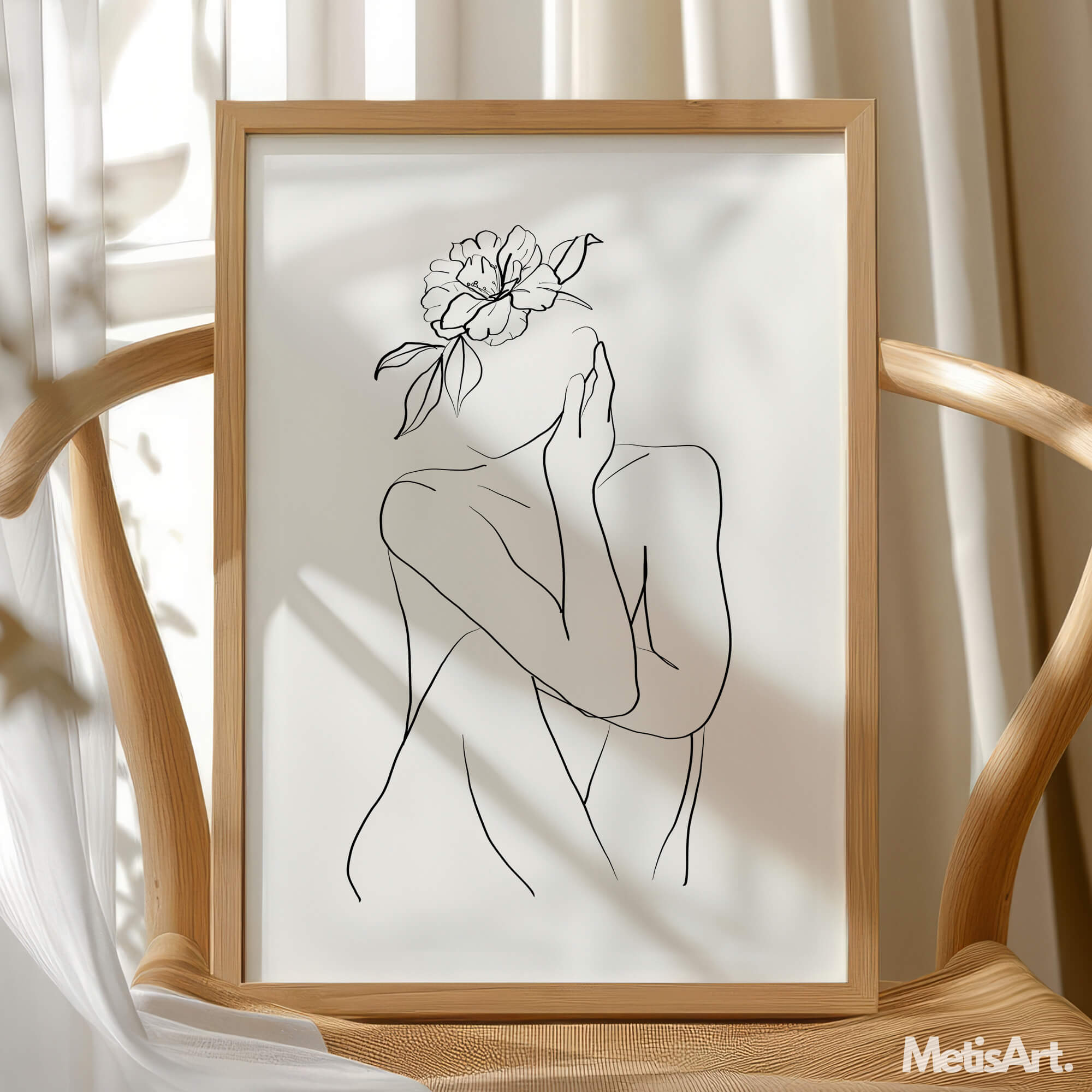 Abstract minimalist woman body with flower print framed on a white wall.