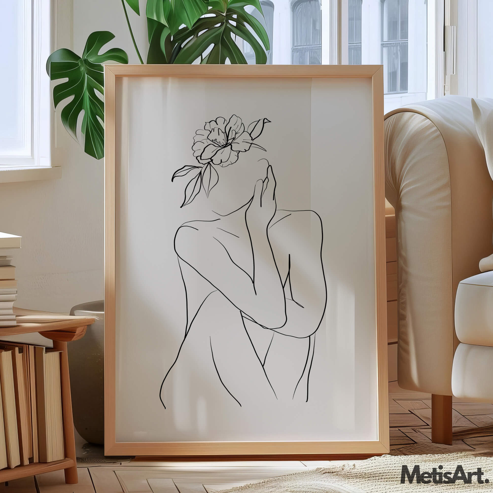 Abstract minimalist woman body with flower print showcasing the paper texture.