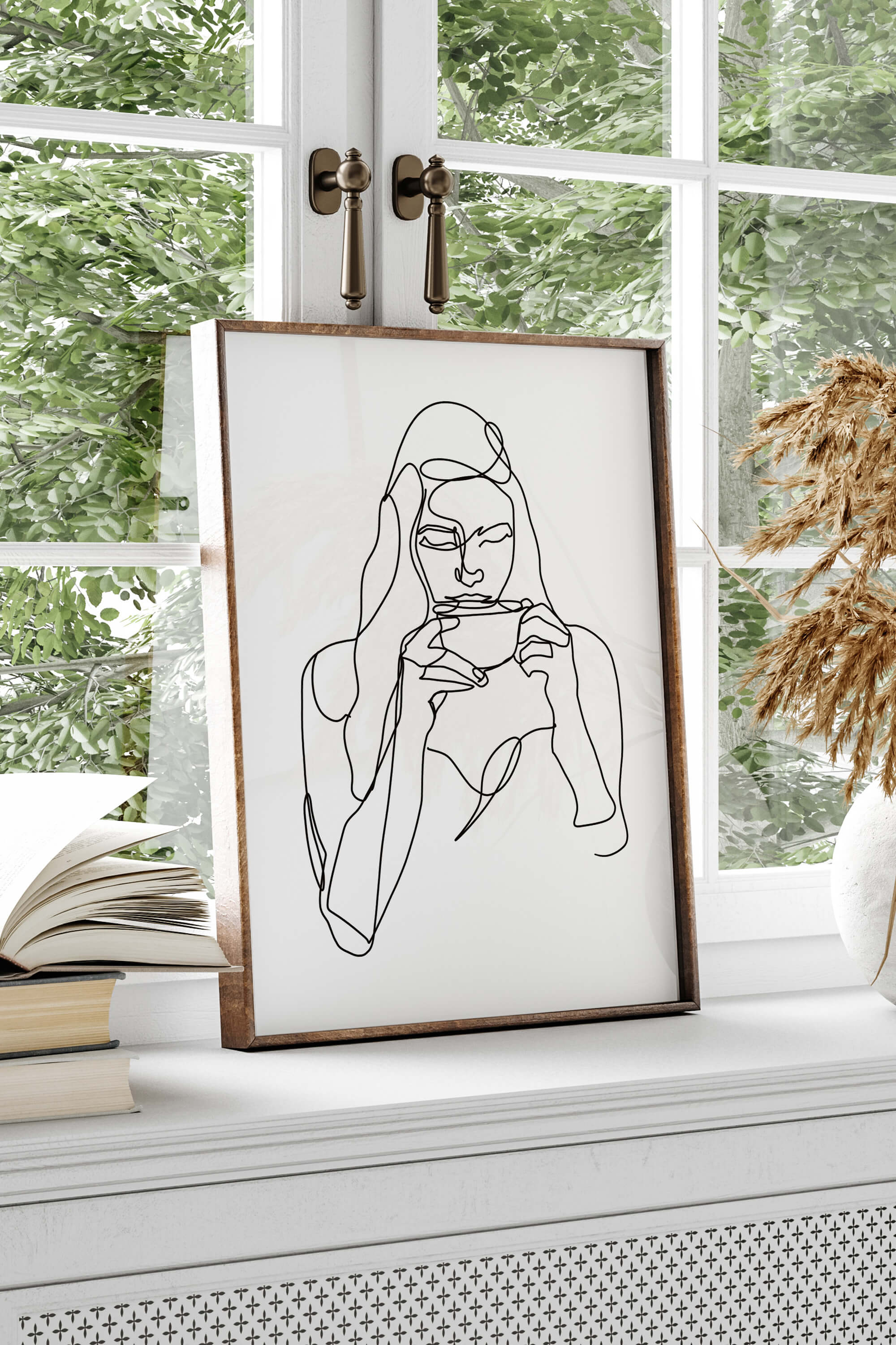 Experience the harmonious dance of a minimalist line art woman and coffee cup in this coffee art print—a daily reminder to savor life's moments.