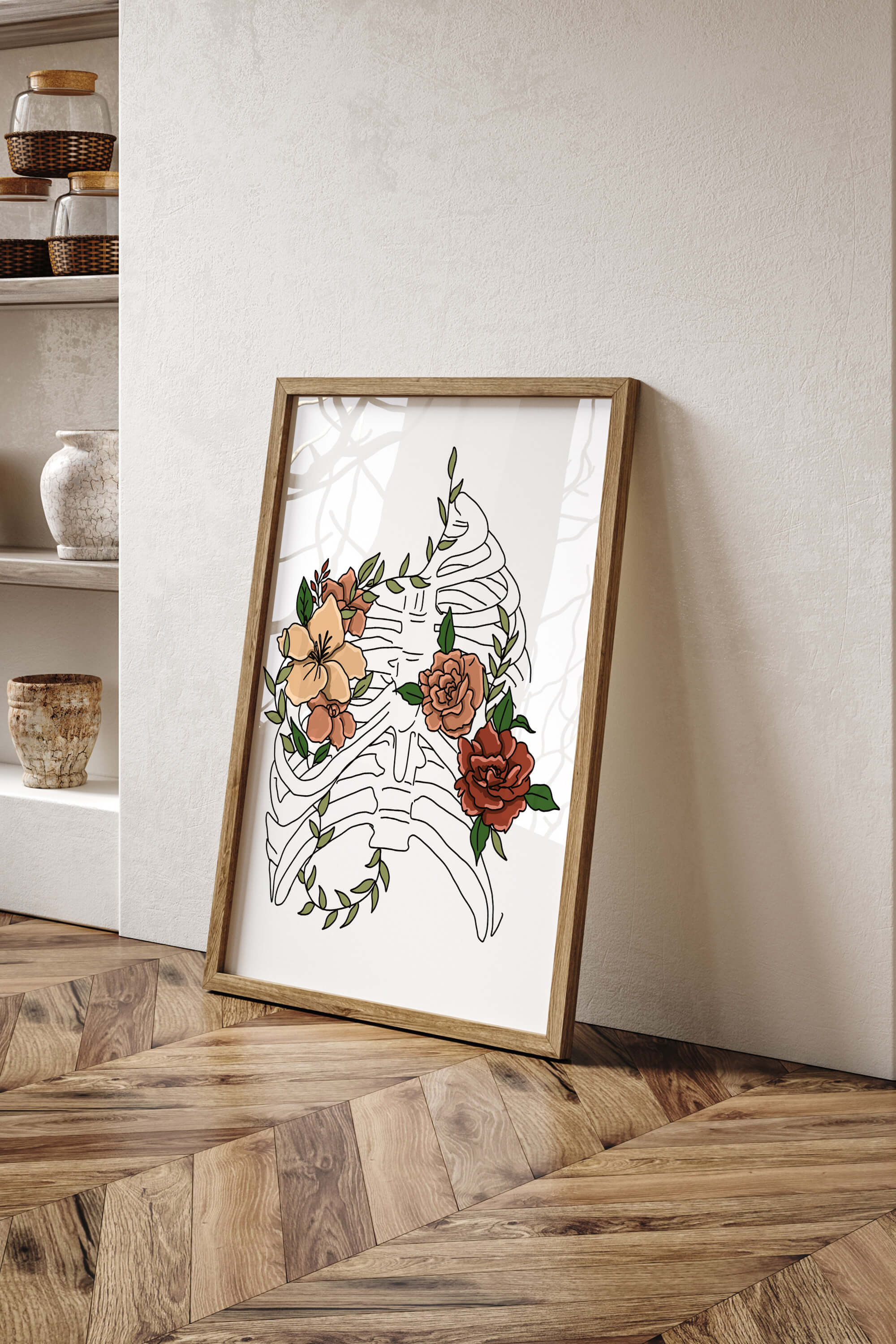 This skeleton and floral wall art is more than a print; it's an artistic signature for your walls. Transcend traditional wall decor and redefine your space with this unique piece that blends art and science seamlessly.