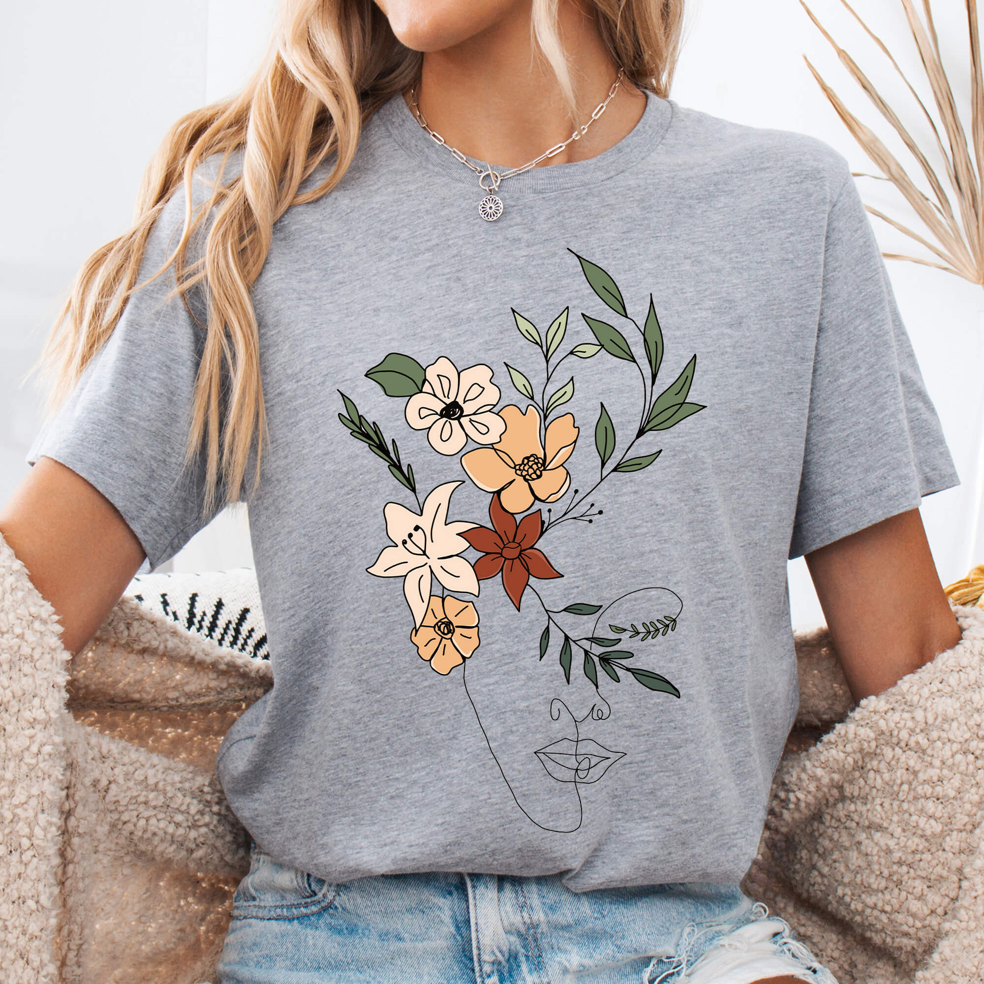 Athletic Heather Floral Face Bloom Line Art T-Shirt
