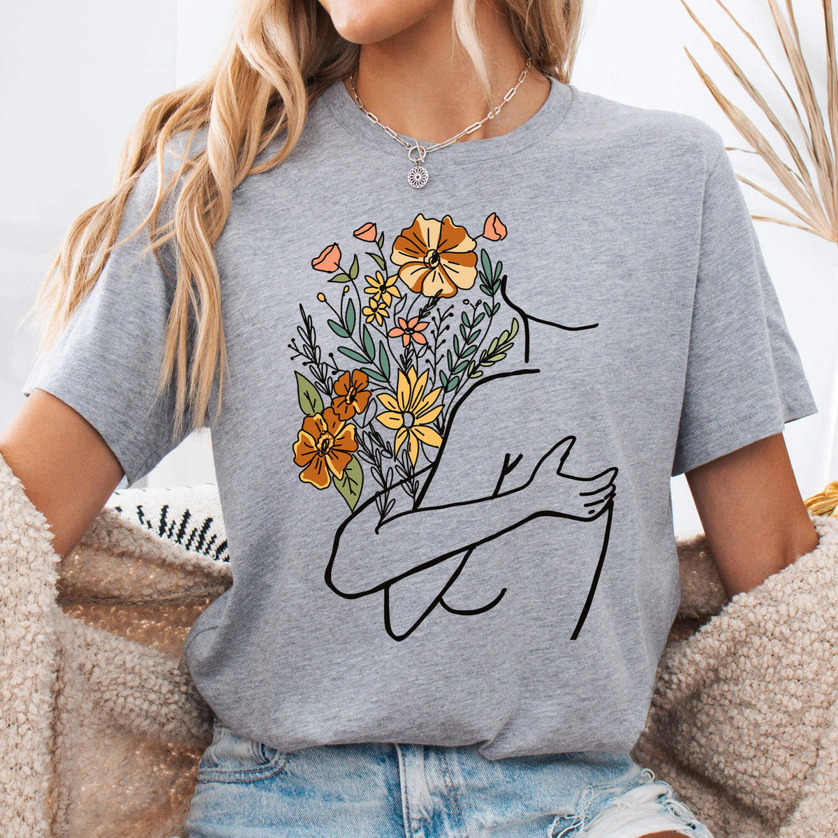 Athletic Heather Self Love Floral Hug Line Art T-Shirt