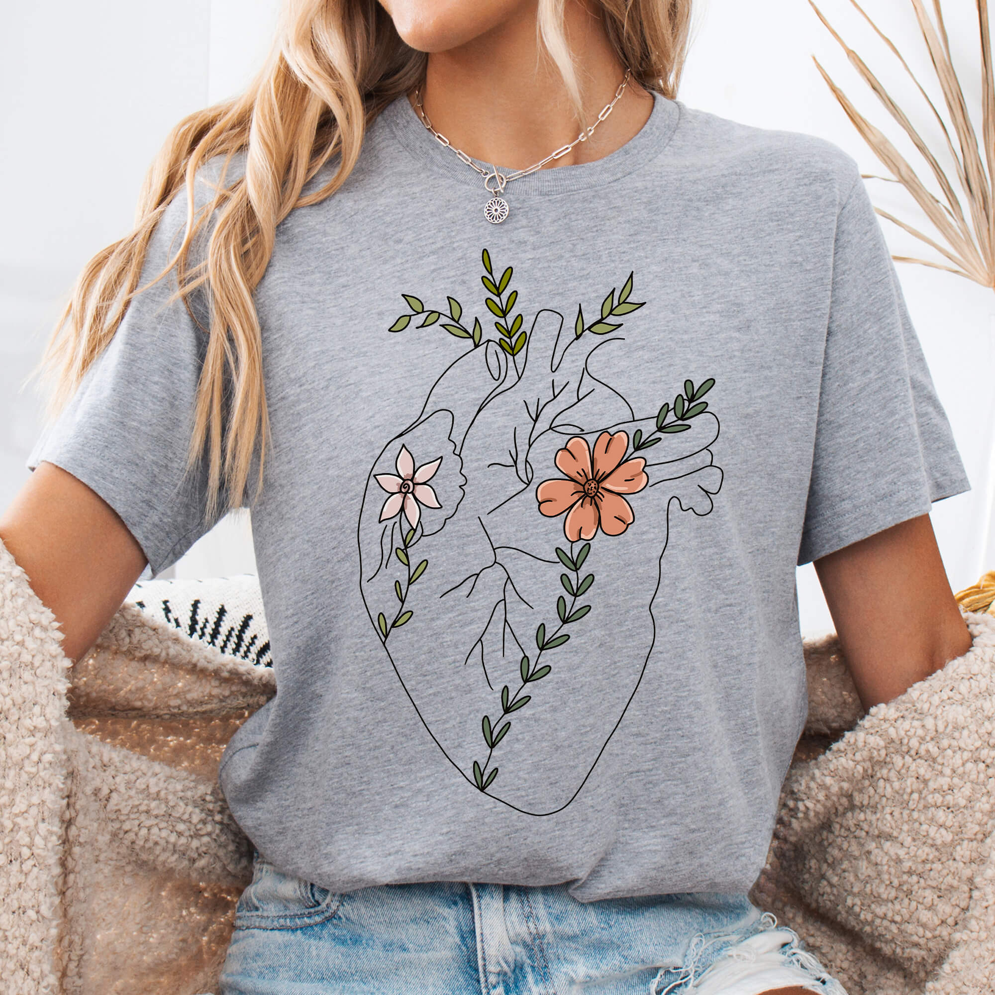 Athletic Heather Floral Anatomical Heart Line Art T-Shirt 