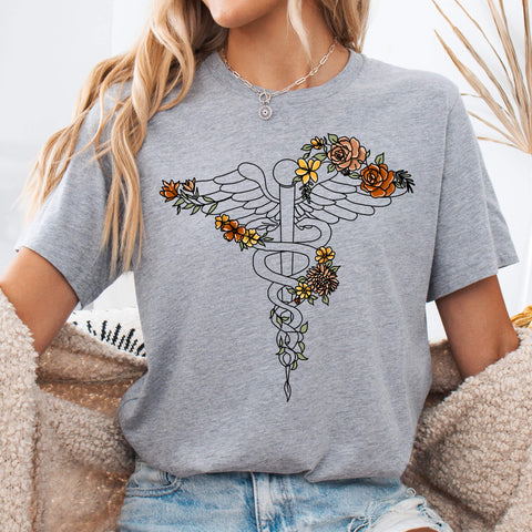 Athletic Heather Floral Caduceus Medical Symbol T-Shirt