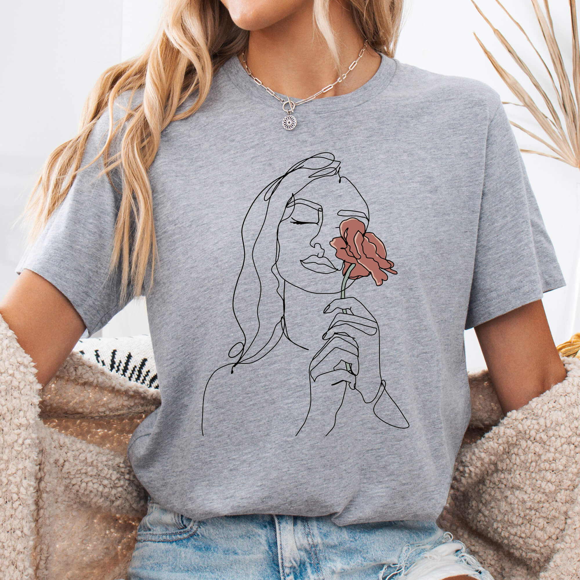 Athletic Heather Elegant Woman with Rose Line Art T-Shirt