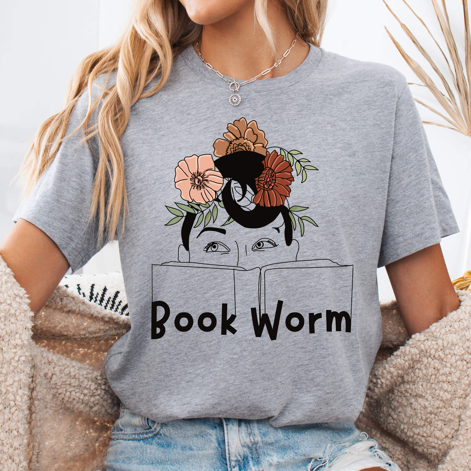 Athletic Heather Floral Book Worm Line Art T-Shirt