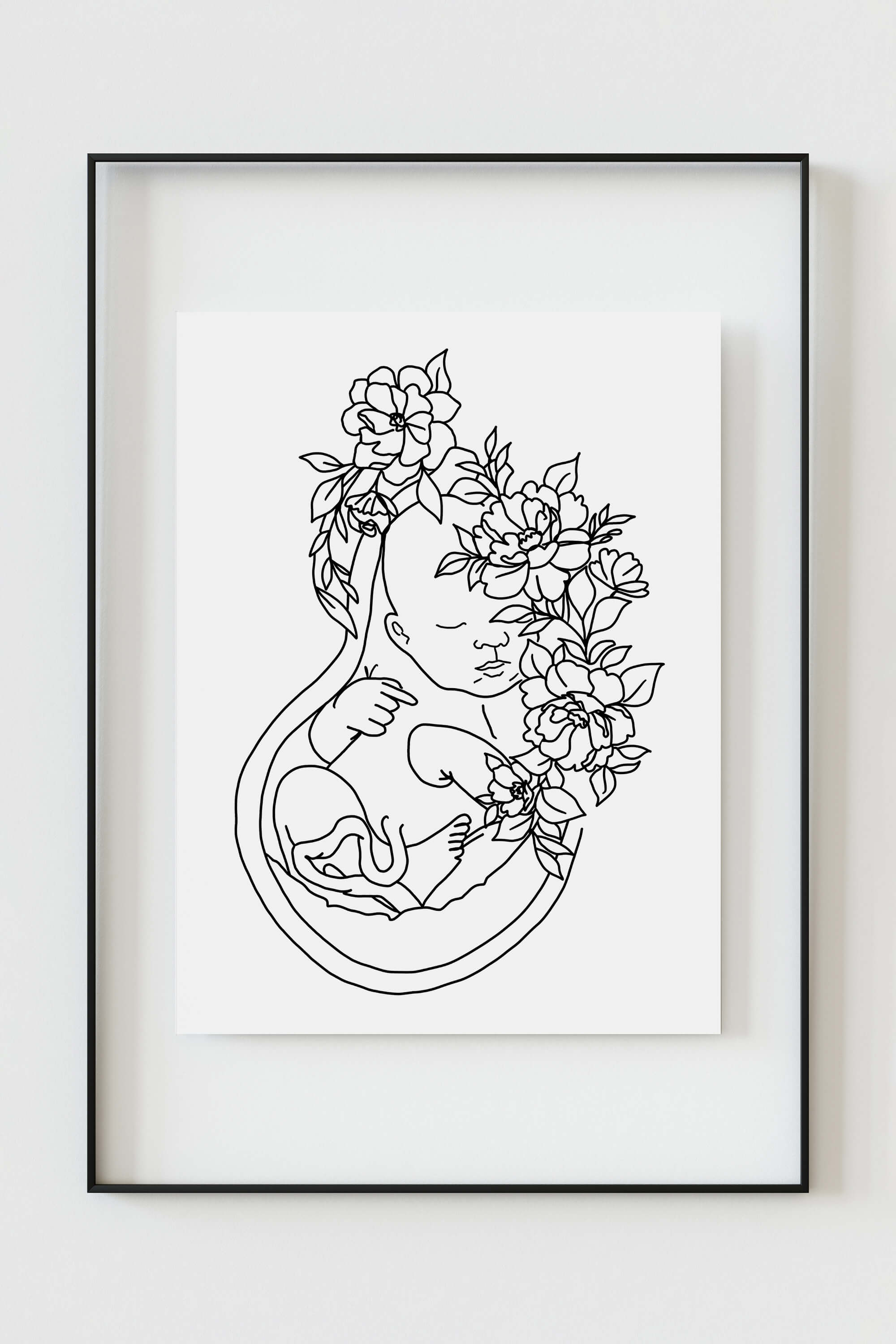Monochrome floral womb line art print, a symbol of refinement and elegance. The black and white tones create a captivating visual contrast, highlighting the intricate details of this sophisticated artwork.