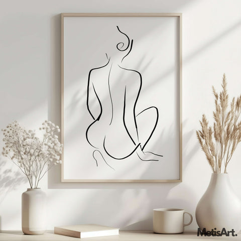 Elegant female back line art in feminine bedroom decor, offering a timeless and sensual touch to the room.