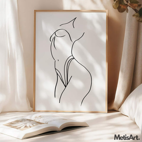 Black-and-white female body art in a modern bathroom, offering a classy and timeless touch to the decor.