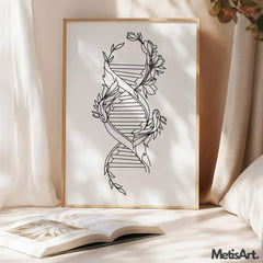 Monochrome floral DNA helix poster in a modern classroom, adding a sophisticated touch to the decor.