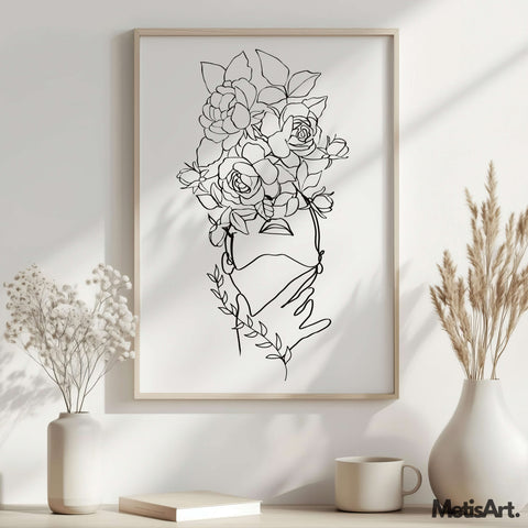 Boho chic floral head woman line art in feminine home decor, offering a sophisticated and aesthetic look.