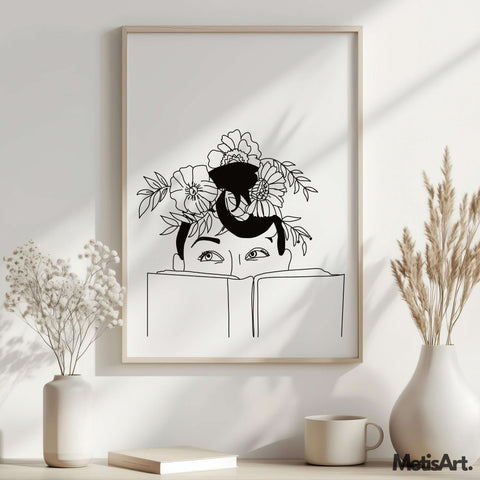 Elegant woman reading book art in book lover home decor, combining nature, creativity, and serenity.