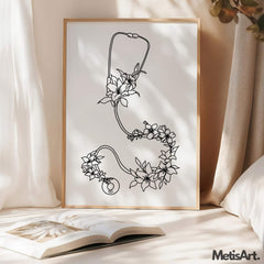 Monochrome floral stethoscope poster in a doctor’s office, enhancing the space with minimalist beauty.