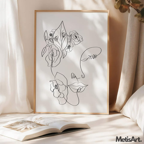Monochrome floral woman face art hanging in a bedroom, creating a sophisticated and serene atmosphere.