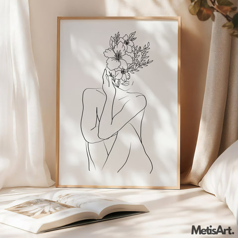 Empowering beauty art print displayed in a serene bedroom, adding a touch of modern art and inspiration.