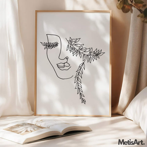Botanical boho art print hanging in a contemporary living room, creating a calming and nature-inspired atmosphere.