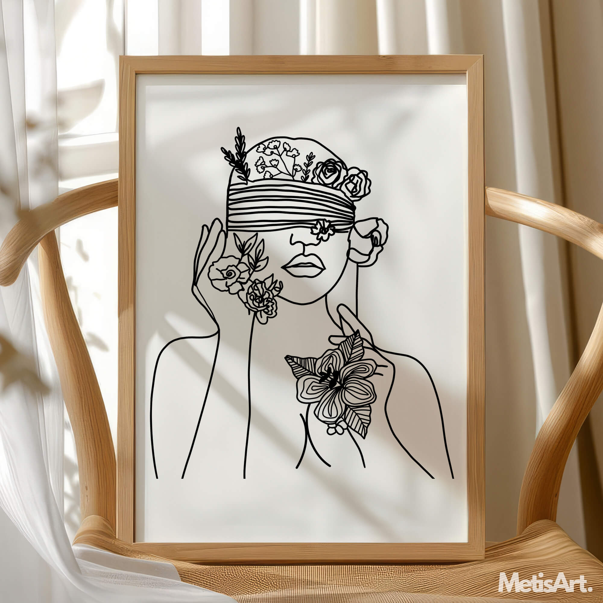 Floral woman line art print: blindfolded, minimalist style.