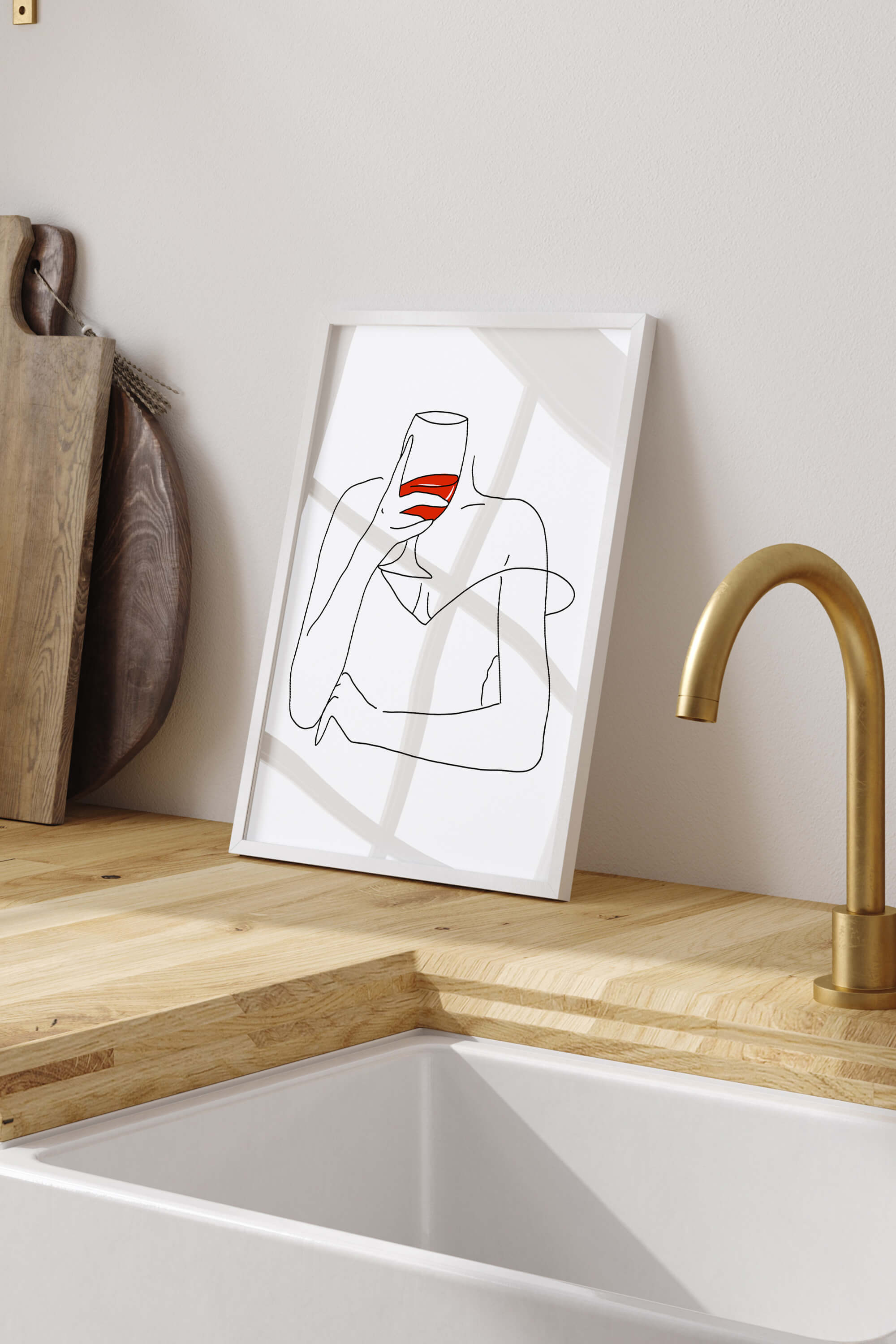 Bold black and red line drawing depicting the essence of wine, a striking addition to contemporary wall art.