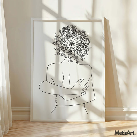 Monochrome art representing self-love: woman hugging self, floral head detail.